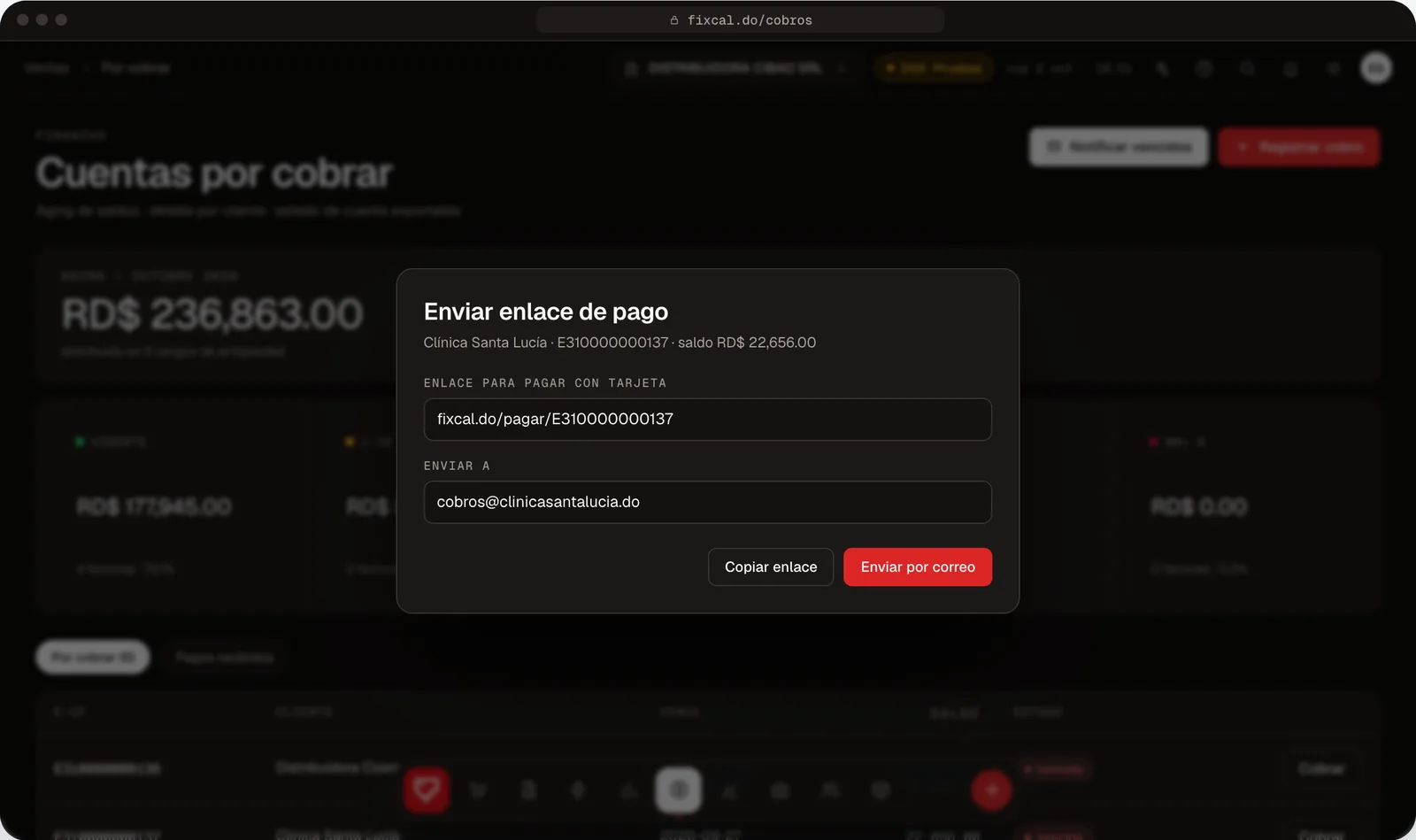 Ventana de Fixcal para enviar al cliente un enlace de pago con tarjeta por correo