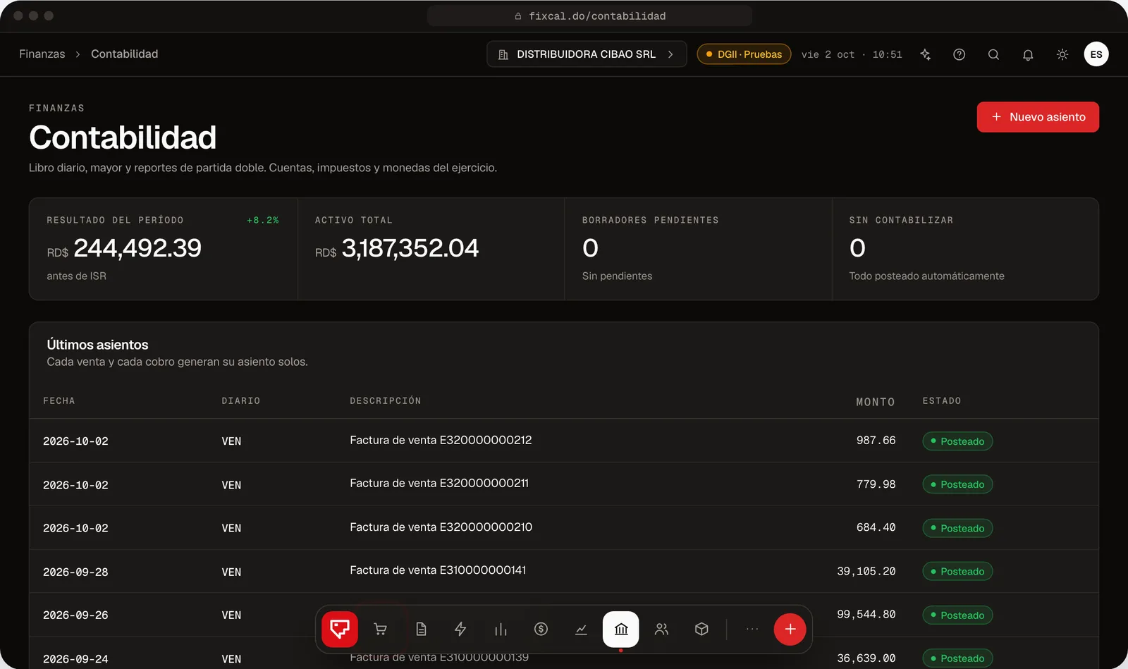 Contabilidad de Fixcal con resultado del período, activo total y asientos generados por las ventas