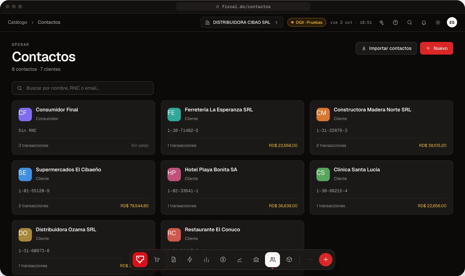 Contactos de Fixcal con nombre, RNC, transacciones y saldo de cada cliente