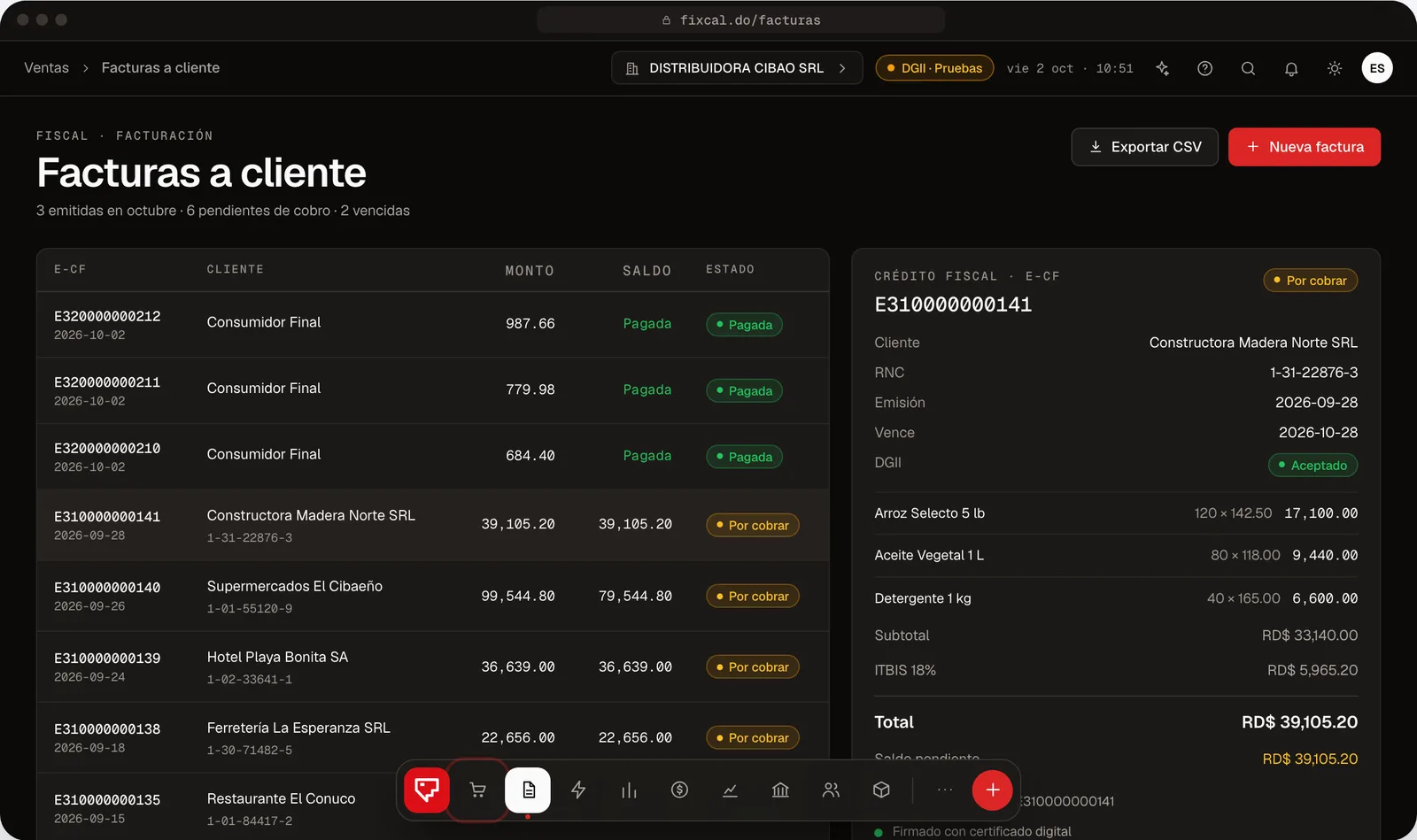 Detalle de una factura en Fixcal: comprobante E31, cliente, RNC y estado de la DGII en Aceptado