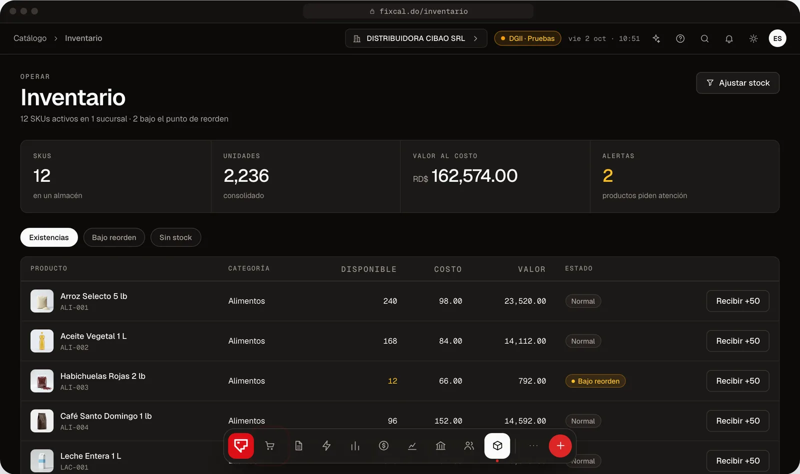 Inventario de Fixcal con existencias, costo, valor y un producto bajo el punto de reorden