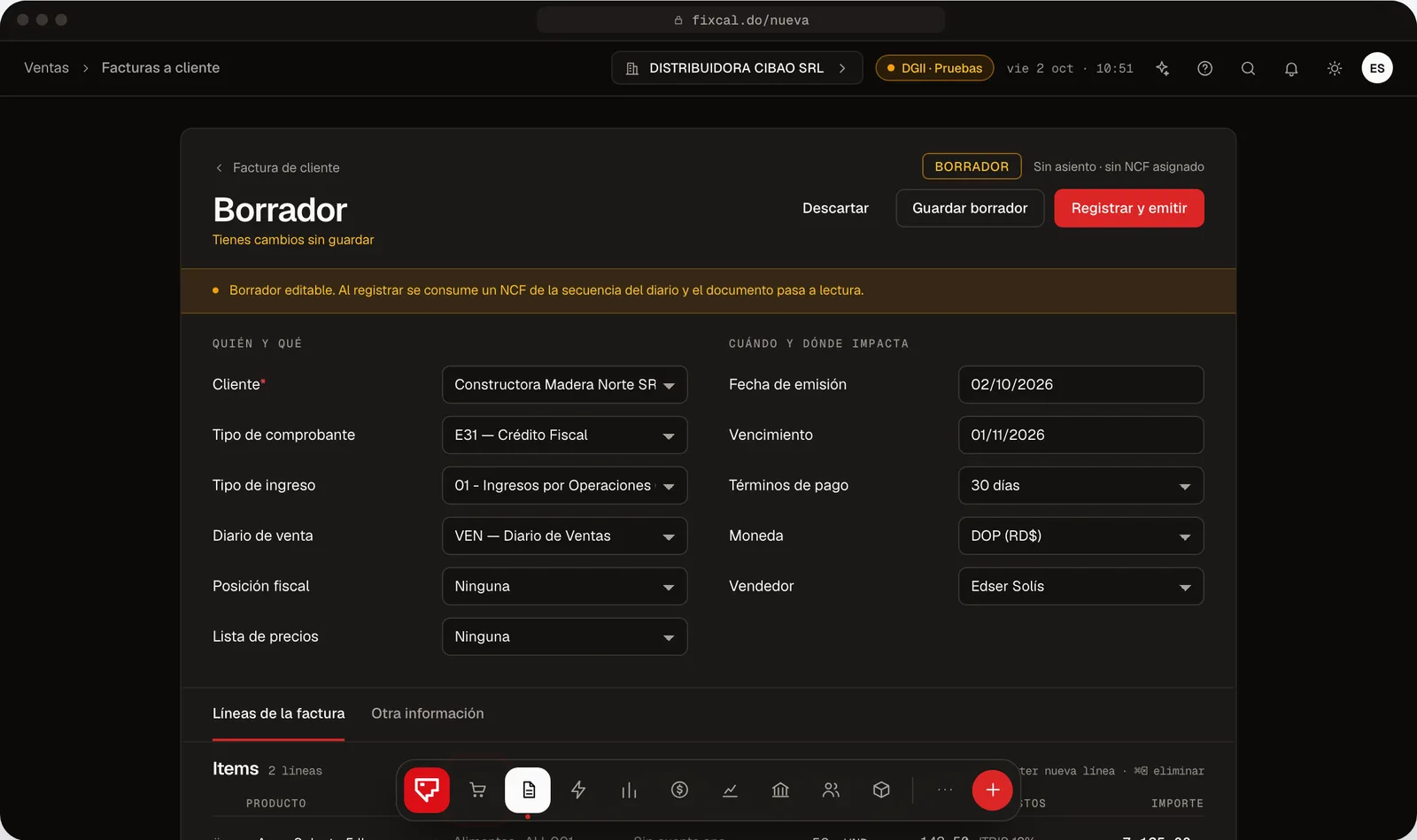 Factura nueva en Fixcal con posición fiscal, lista de precios, moneda y vendedor