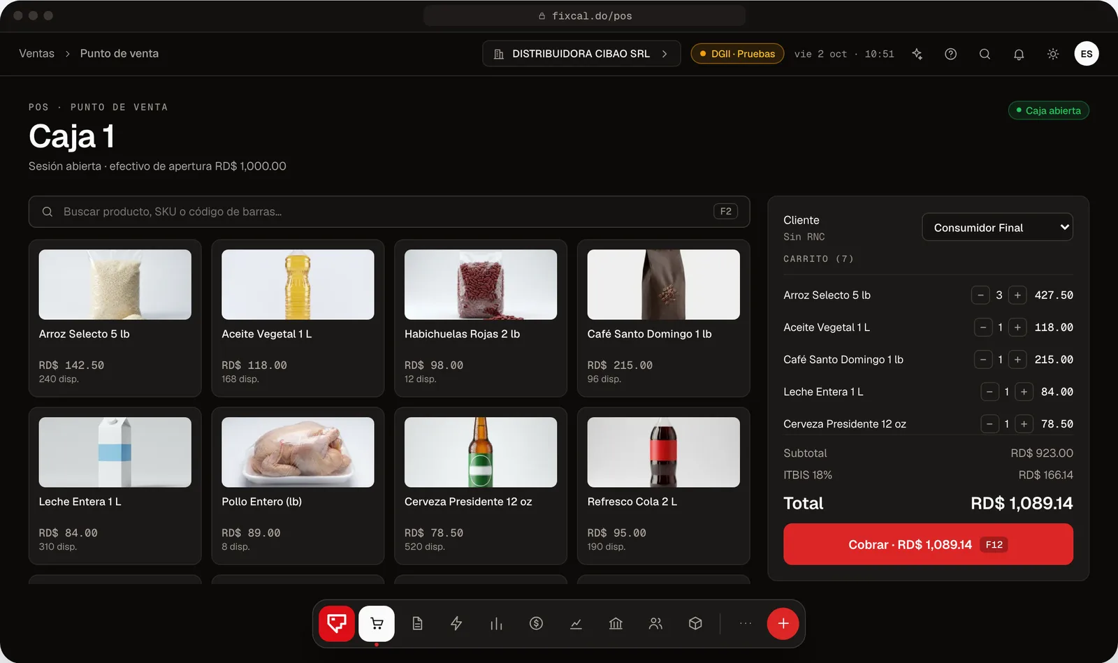 Punto de venta de Fixcal con el catálogo de productos y el carrito