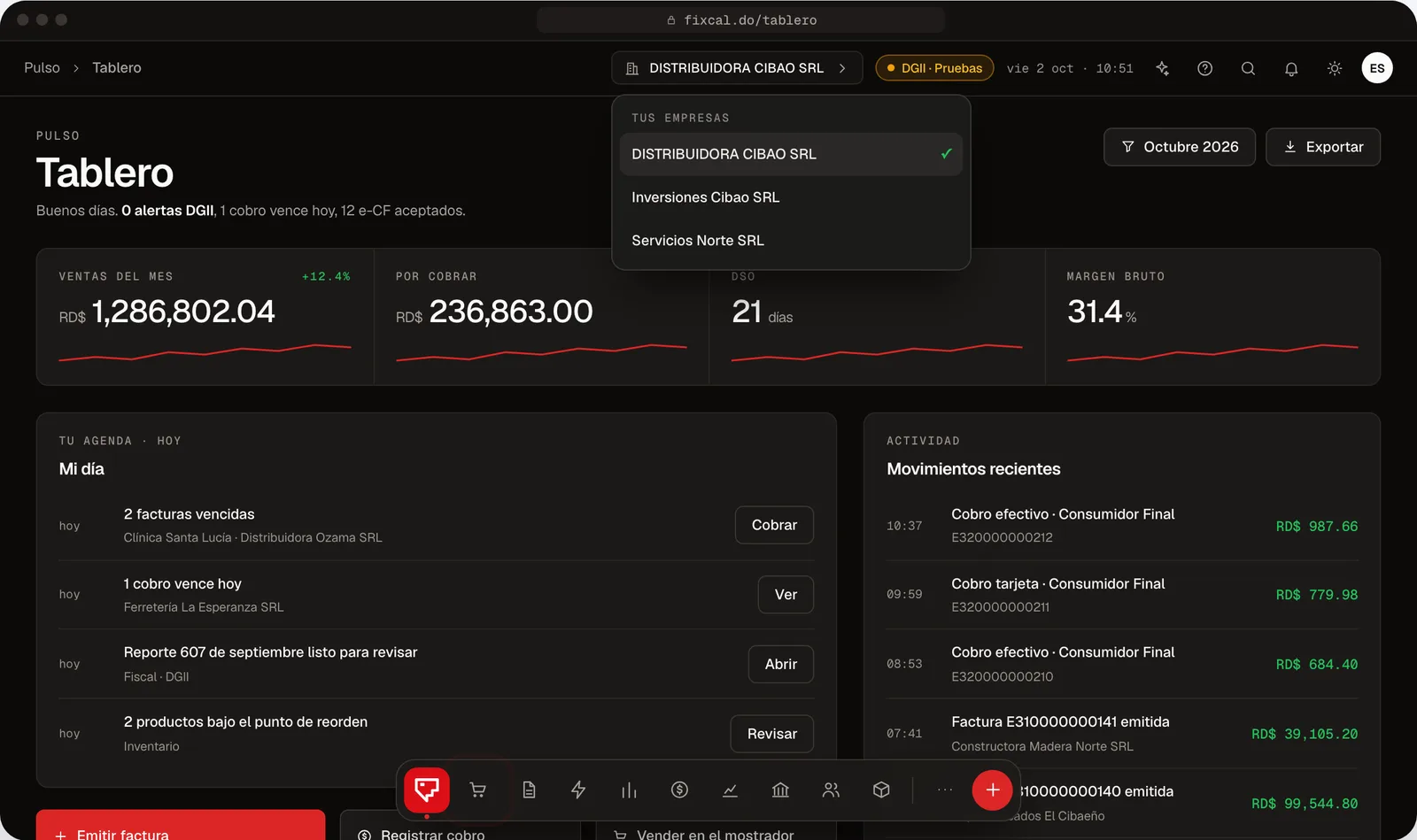 Selector de empresas de Fixcal con tres compañías para cambiar de una a otra