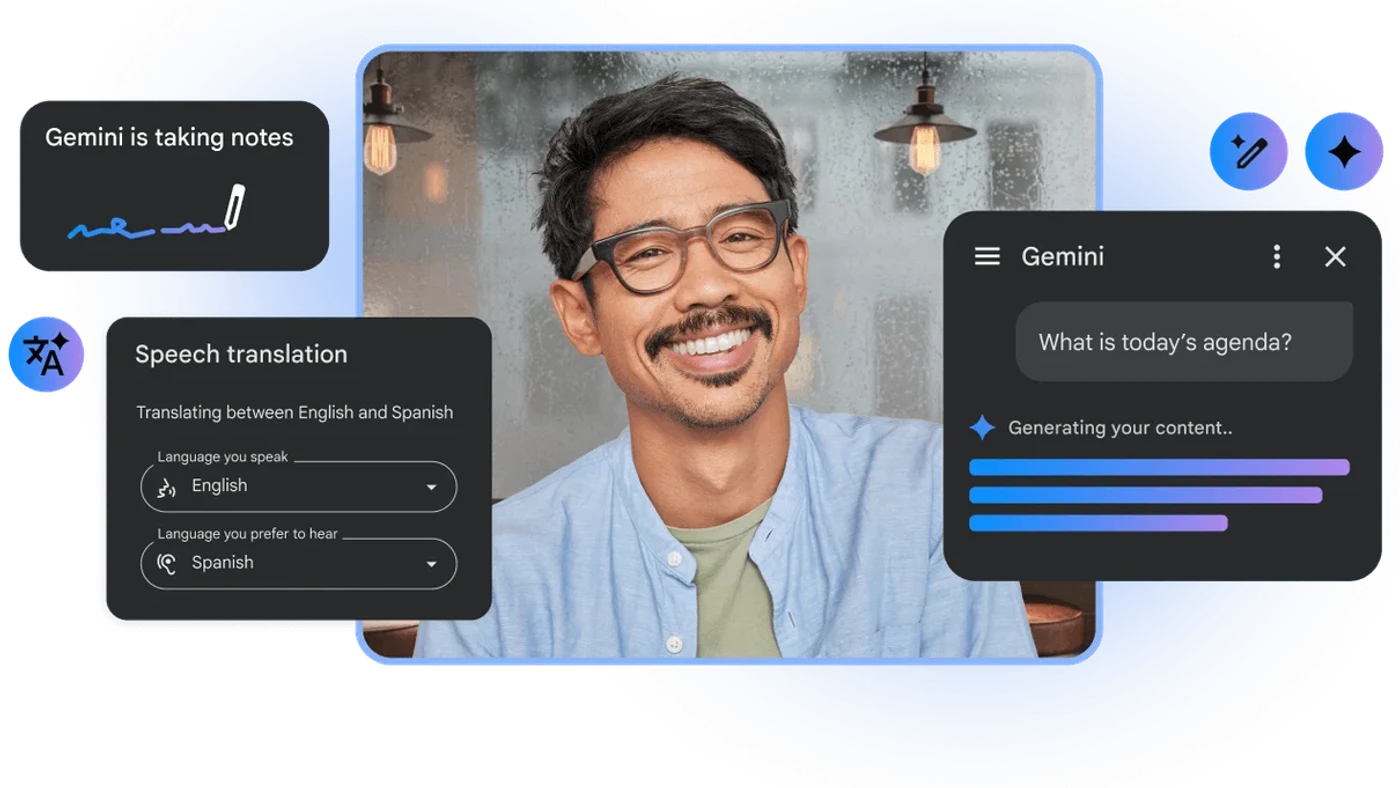 Videollamada de Google Meet con toma de notas y traducción de voz