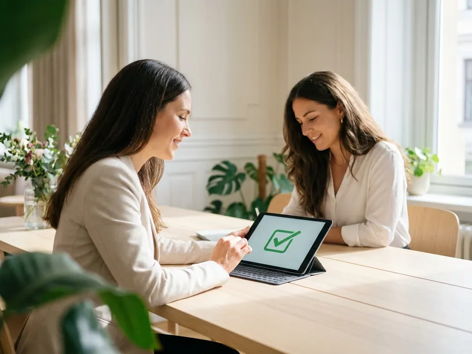 Empresaria y asesora revisando juntas un proceso de certificación digital