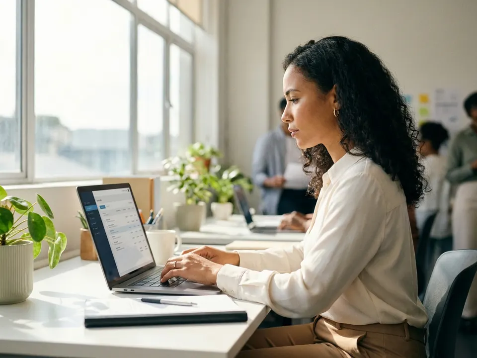 Contadora con una laptop que muestra un sistema administrativo con facturas