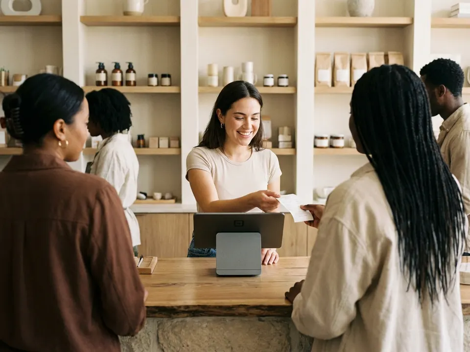 Cajero entregando un recibo impreso junto a un punto de venta en tableta