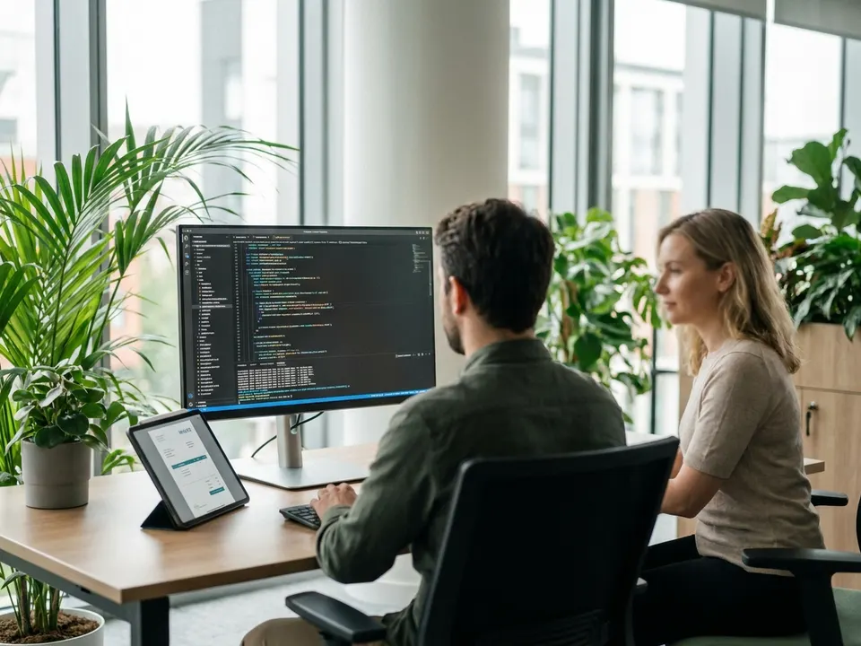 Desarrollador y gerente de tecnología frente a un monitor con código