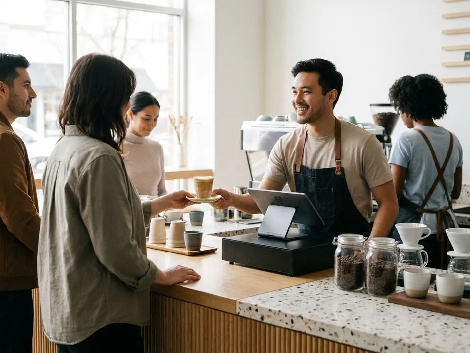 Barista entregando un café en el mostrador de una cafetería junto al punto de venta