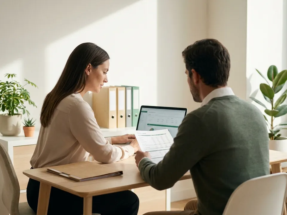 Contador y clienta revisando reportes en una laptop