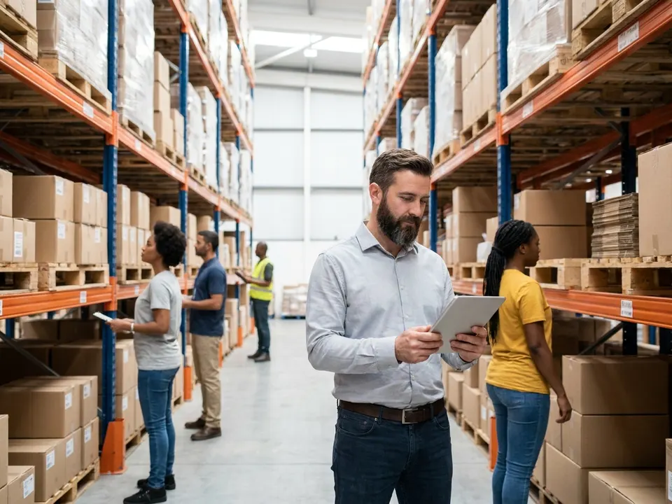Encargado de un centro de distribución revisando el inventario con una tableta