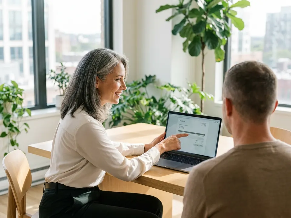 Consultora revisando una factura en su laptop junto a una clienta