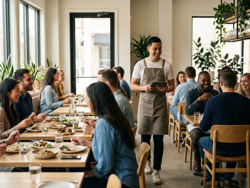 Mesero con una tableta en un restaurante moderno a la hora del almuerzo
