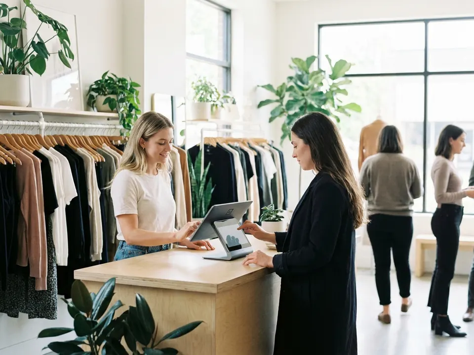 Vendedora de una boutique cobrando a una clienta con un punto de venta en tableta