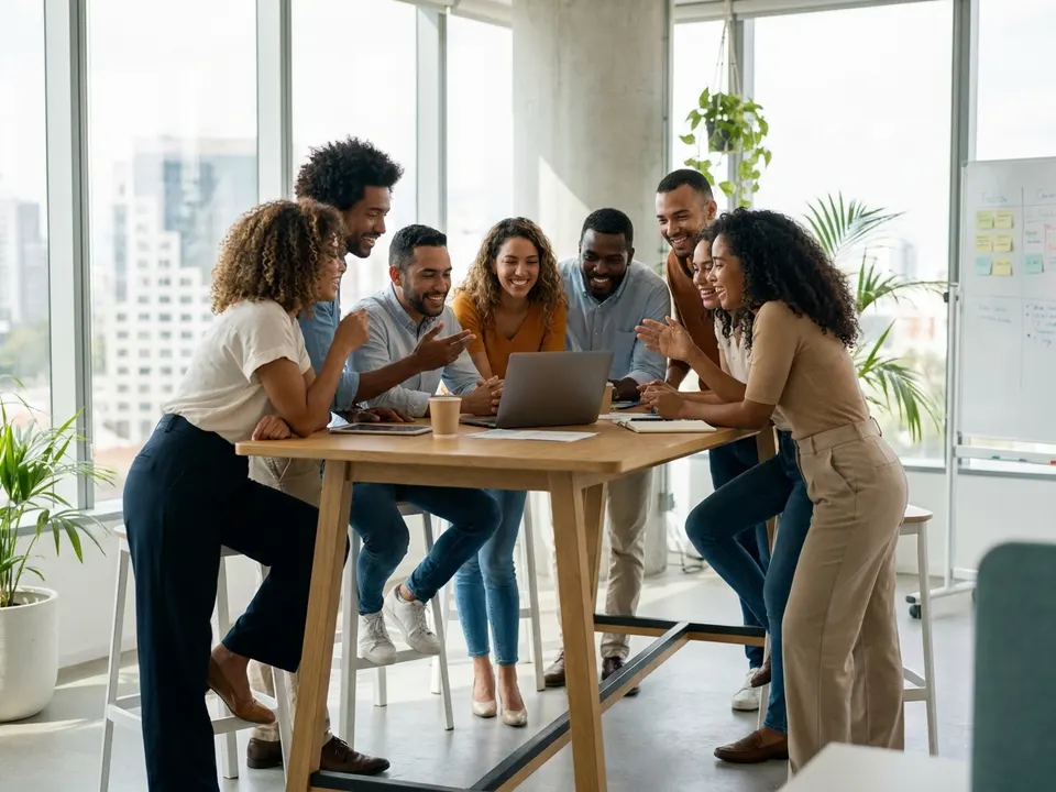 Grupo de especialistas de Progressa trabajando juntos alrededor de una laptop