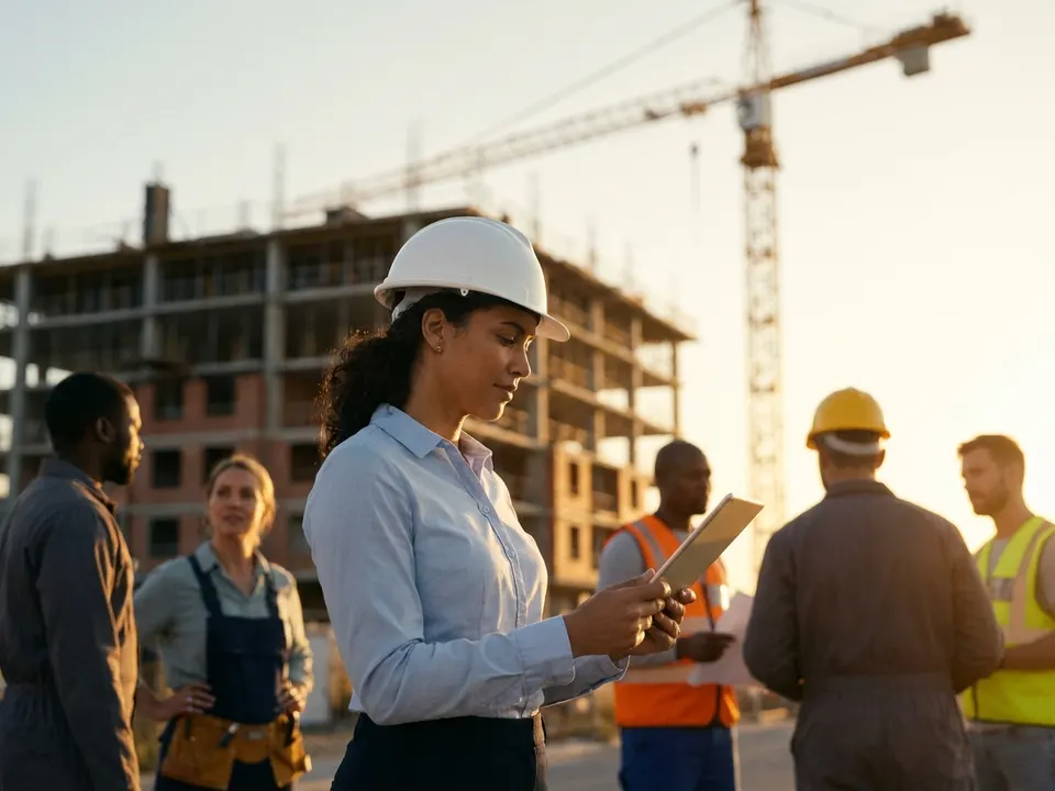 Ingeniera con casco y tableta revisando planos frente a un edificio en construcción
