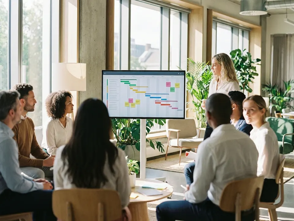 Equipo de consultores frente a un cronograma de proyecto en un monitor grande