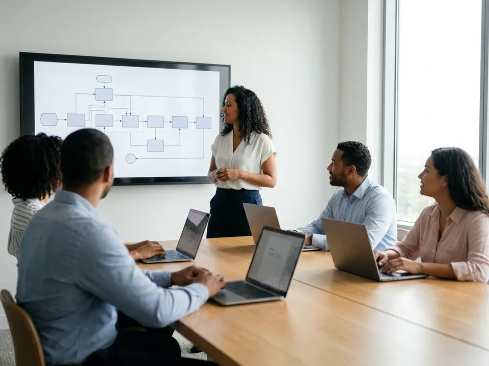 Especialista capacitando a un grupo de empleados frente a un diagrama de procesos