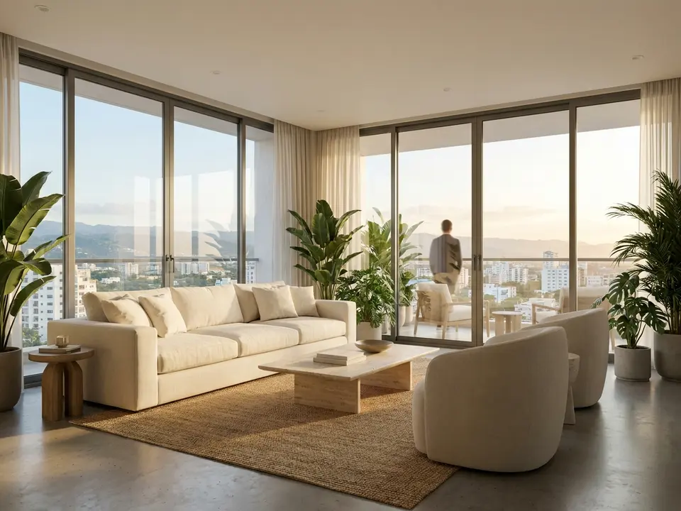 Sala luminosa de un apartamento moderno con ventanales