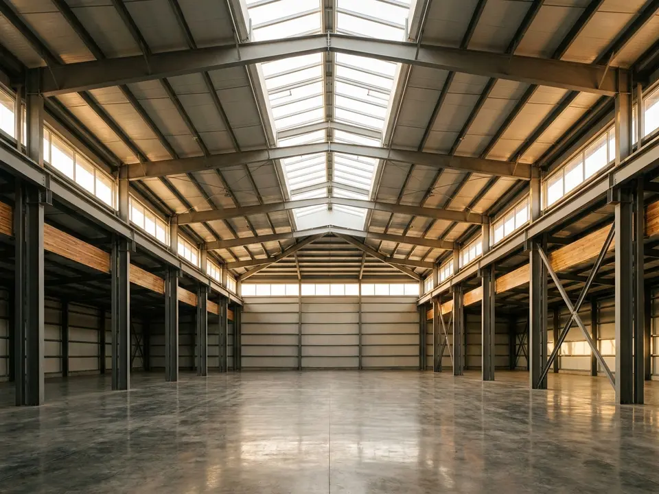 Interior de una nave industrial amplia y vacía con luz cenital
