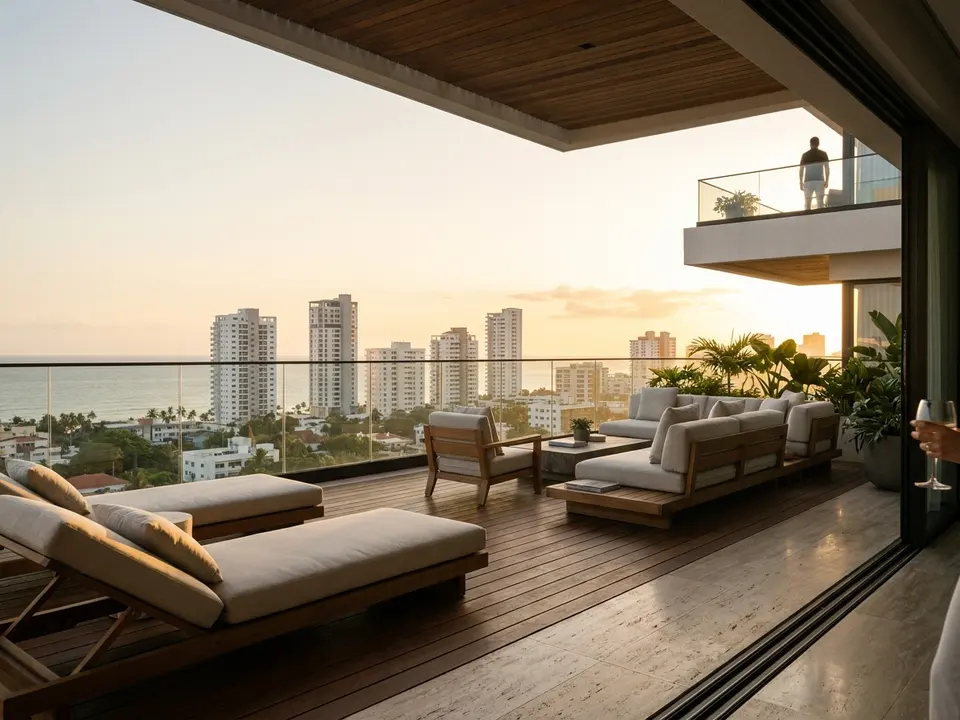 Terraza de un penthouse con vista a la ciudad al atardecer