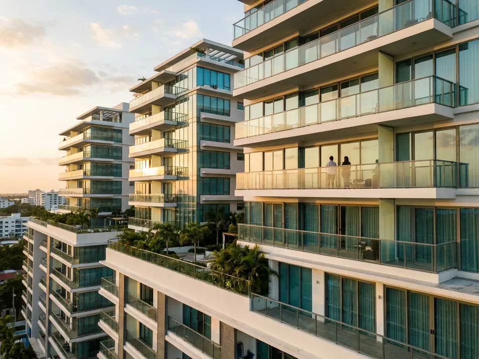 Torres residenciales modernas en Santo Domingo al atardecer