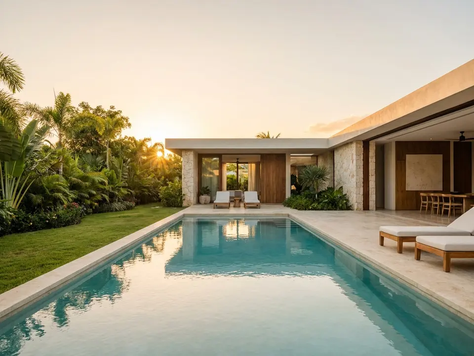Villa moderna de una planta con piscina y jardín tropical